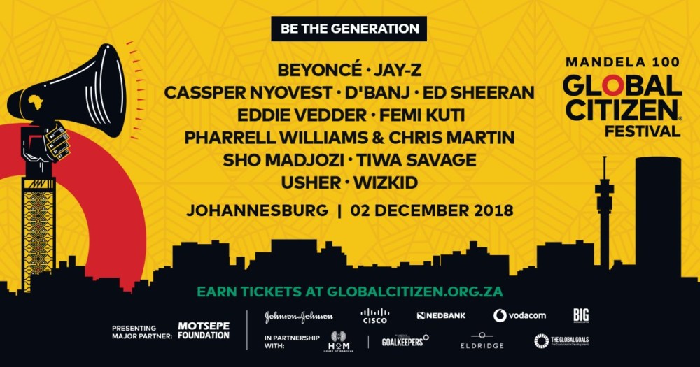 Beyonce, Jay Z, Wizkid, D’banj, Tiwa Savage are heading to Jo’burg for Star-Studded 2018 Global Citizen Festival celebrating Nelson Mandela’s 100th Birthday