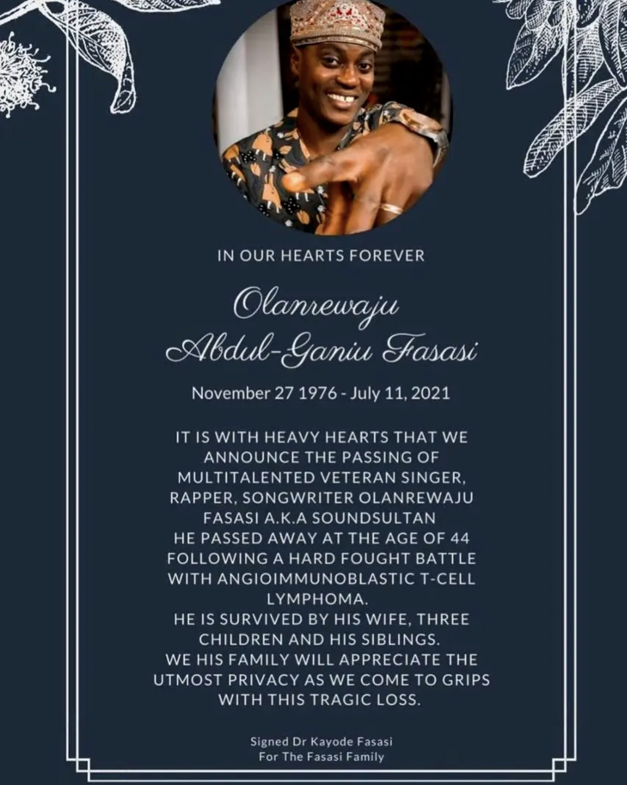 Nigerian Star Singer, Sound Sultan, Dies of throat cancer at age 44