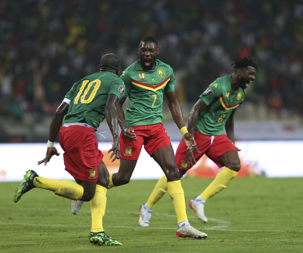 Karl Toko Ekambi of Cameroon (c) celebrates goal during the 2022 World Cup Qualifier football match between Cameroon and Ivory Coast at Omnisport Stadium, Douala, Cameroon. /CFP