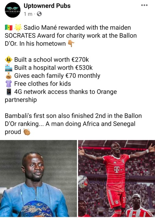 Senegalese Soccer Player Sadio Mane wins First ever Socrates Award